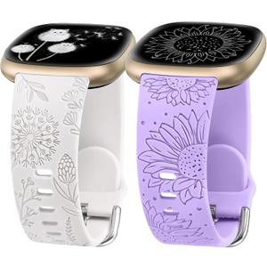 Minyee 2 Packs Floral Engraved Band Compatible with Fitbit Versa 4/Versa 3/Sense 2/Sense Band Women, Cute Silicone Dandelion Sunflower Design Soft Sport Fancy Summer Strap for Versa 4 (White & Purple)