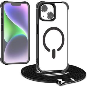 Magnetic Crossbody Lanyard Case for iPhone 13/14, Ultra Clear Case Compatible with MagSafe Shockproof with Strap Adjustable Neck Cord Necklace Cover for iPhone 13/14-Black