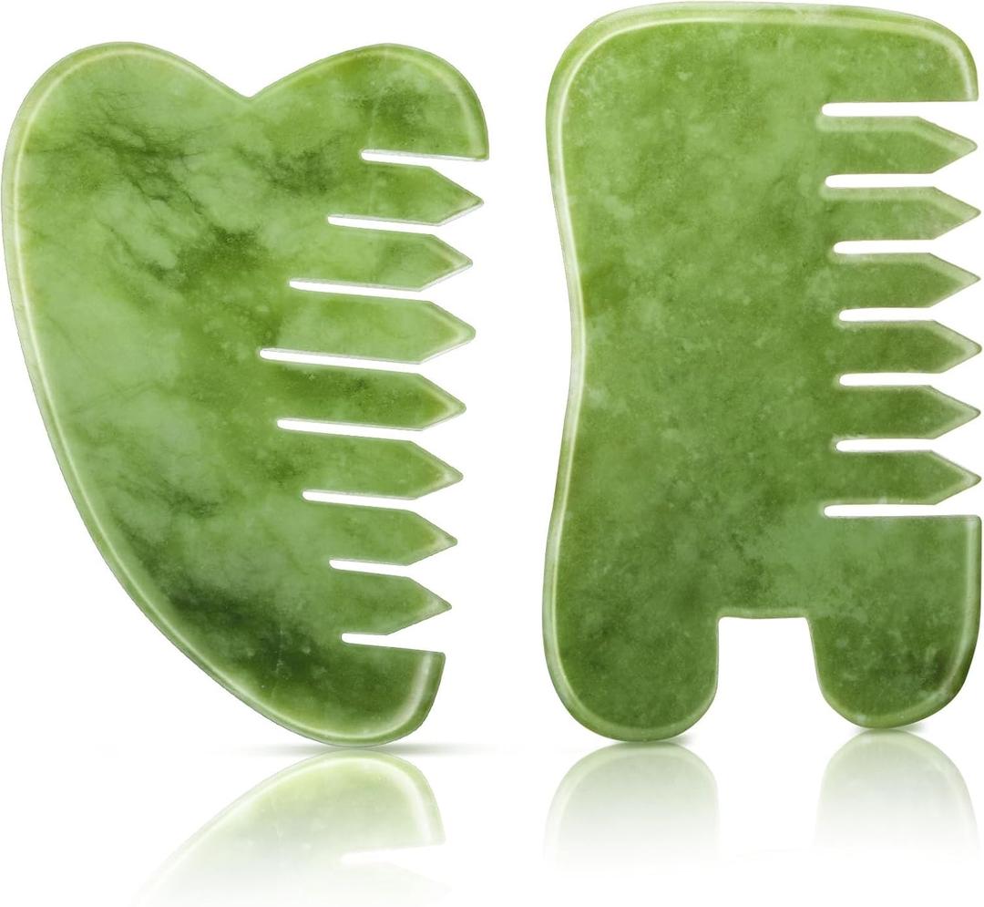 BBTO 2 Pcs Jade Comb for Scalp Massage Gua sha Comb for Head Body spa Hair Multifunctional Handheld Massage Tools(Heart, Classic Style)