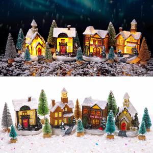 Tuanse 15 Pcs Christmas Village Accessories Set 4 LED Lighted Village Houses 10 Frosted Trees 3.5 oz Fake Snow for Christmas Collection Tabletop Mantel Shelf Indoor Room Decor(Rustic)