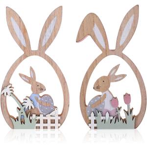 2 Pcs Easter Decorations for Home, Wooden Bunny Standing Tabletop for Rabbit Easter Decor, Cute Bunny Decorations Decor, Farmhouse Ornament Rabbit Sign for Spring Home Decoration