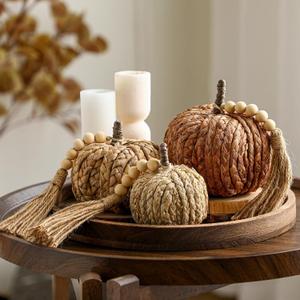 Wesiti 3 Pcs Rattan Pumpkin with Tassel Beads Boho Neutral Fall Thanksgiving Decor Handmade Artificial Woven Pumpkin Table Centerpieces Farmhouse Autumn Decorations for Indoor Mantel Harvest Halloween