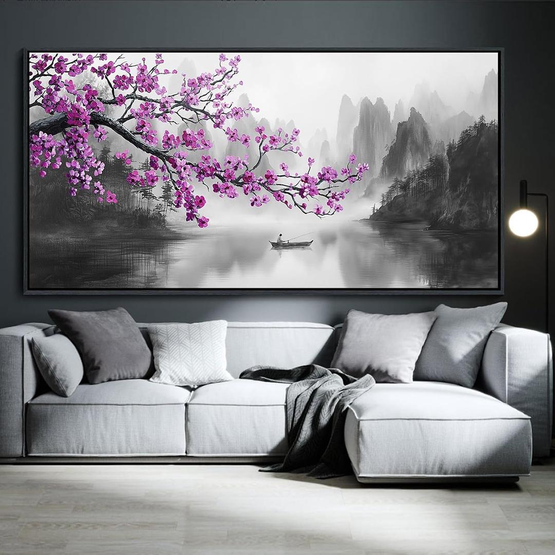 Large Purple Wall Art Decor for Living Room Bedroom Framed Black and White Landscape Full Moon Purple Flower Painting Canvas Picture Plum Blossom Artwork for Home Office 29x58IN