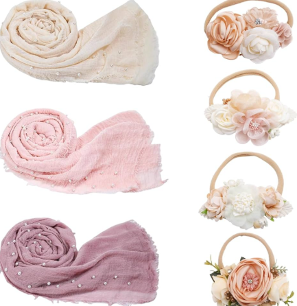 7 Pcs Newborn Photography Props Wrap Kits 3 Pcs Baby Wraps 4 Pcs Flower Headband Baby Photoshoot Props Photo Supplies for Boy Girl Infant Toddler