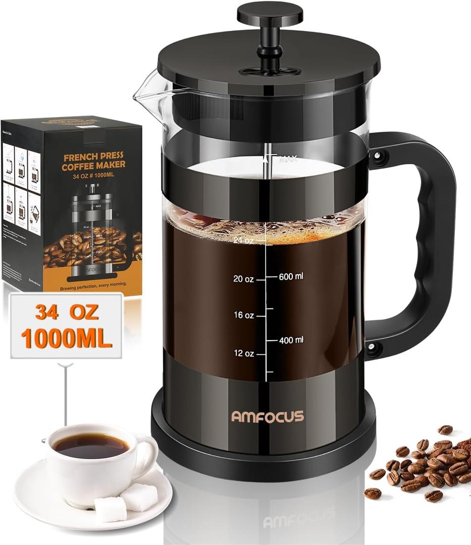 French Press Coffee Maker -34oz Classic Coffee Press Heat-resistant Borosilicate Glass Coffee Pot with 4-Level Disassemble Filters, Portable Cold Brew Coffee Maker for Travel Home(Dark Pewter)