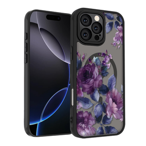 SobLn for iPhone 16 Pro Max Case, Black Floral Flower Pattern Case [Compatible with MagSafe] [Translucent Matte] Cute Slim Shockproof Protective Women Girls Phone Case 6.9", Deep Purple Flower