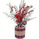Tabletop Christmas Mistletoe Tree with 2 Pine Cones, 3 Red Balls, 3 Berry Stems & Candy Cane - 12.6in Buffalo Plaid Burlap-Wrapped Base, Artificial Mini Holiday Decor for Indoor Tables