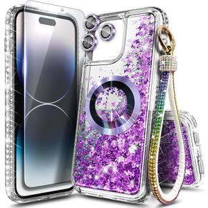 NGB Designed for iPhone 12 Pro-Max Case, Purple | Magnetic Compatible with MagSafe | Glitter Liquid Sparkle Cute Cover for Women Girls | with Screen Protector & Camera Lens Protector & Wrist Strap