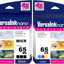 VersaInk-nano HP 65 MS MICR Black Ink Cartridge for Check Printing & VersaInk-Nano 65 CS Tri-Color Ink Cartridge Combo Pack