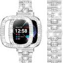 Dsytom Bling Stylish Watch Band Compatible With Fitbit Versa 4, Sense 2, Versa 3, Sense - Cute Strap With Rhinestone Protective Case Cover for Women (Silver)
