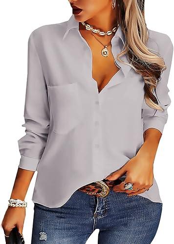 AISEW Womens Button Down Shirts Casual V Neck Long Sleeve Loose Fit Collared Plain Blouses Tops with Pocket,Grey, S