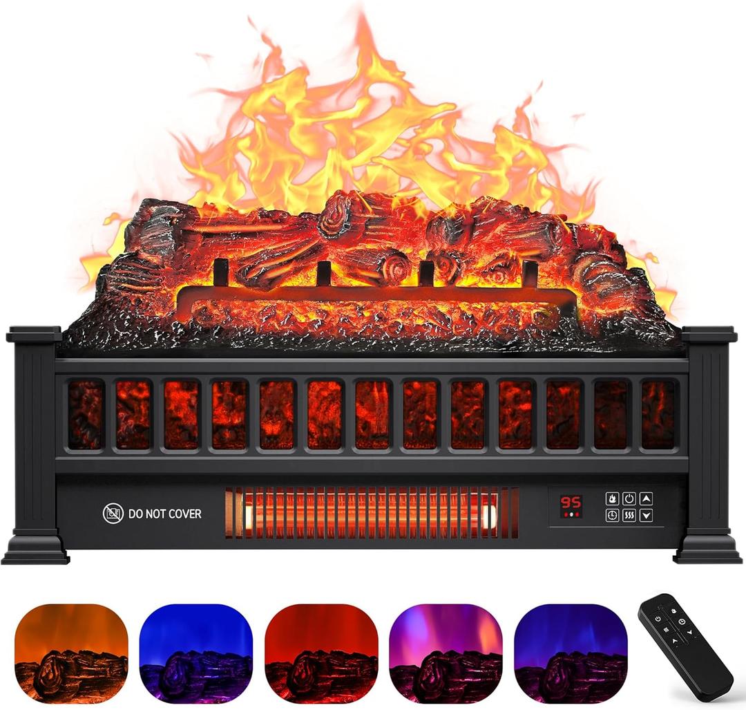 Riseon Electric Fireplace Logs Inserts Heater 20-Inch, Remote Controller Fireplace Heater, Adjustable Flame Colors, Realistic Fake firewood Flame, Overheat Protection, Timer, Thermostat, 1500W Black