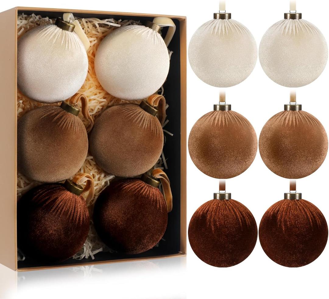 HyDren 6 Pcs Velvet Christmas Ball Ornaments 4 Inches Large Flocked Christmas Tree Hanging Ornaments Shatterproof Xmas Bulbs for Home Xmas Tree Party Decor(Beige, Light Brown, Dark Brown)
