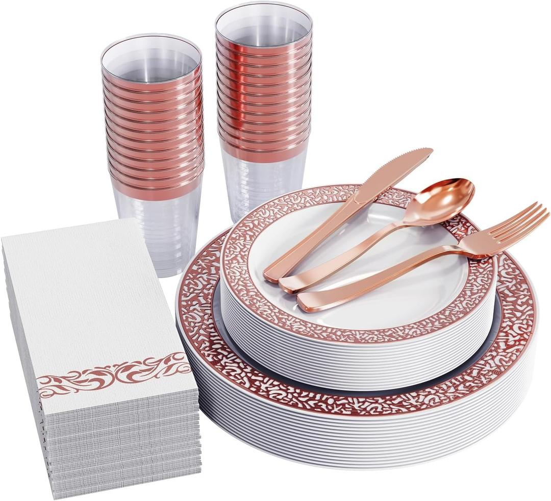 FOCUSLINE 175 Ct Rose Gold Dinnerware Set for 25 Guests, Plastic Plates with Rose Gold Lace Rim Design, Including 25 Disposable Dinner & Dessert Plates, Cups, Napkins, Cutlery Set FOCUSLINE 175 Ct Rose Gold Dinnerware Set for 25 Guests, Plastic Plates with Rose Gold Lace Rim Design, Including 25 Disposable Dinner & Dessert Plates, Cups, Napkins, Cutlery Set