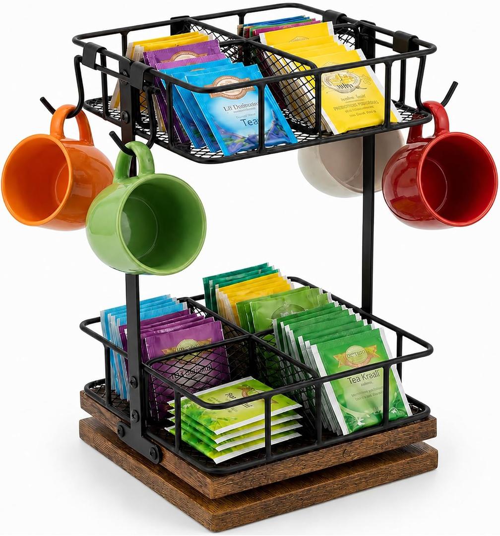 Rotating Tea Bag Holder with 360° Wooden Base, 2-Tier Tea Bag Organizer for Countertop, Teabag Caddy Stand with 4 Cup Hooks, Kitchen Coffee Bar Storage Rack