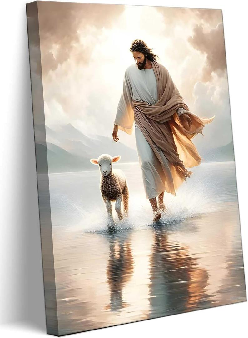 Jesus Walks On Water Canvas Wall Art Christ Saves The Lost Lamb Painting Wall Decor Christian Poster Print Follow Me Artwork Picture Decoration For Living Room Bedroom Church Ready To Hang (24x36in)