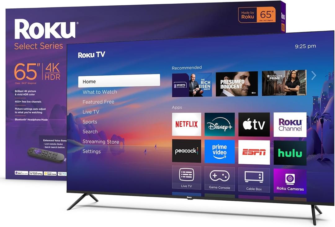 Roku Smart TV 2025  65-Inch Select Series, 4K HDR TV  RokuTV with Enhanced Voice Remote  Flat Screen LED Television with Wi-Fi for Streaming Live Local News, Sports, Family Entertainment