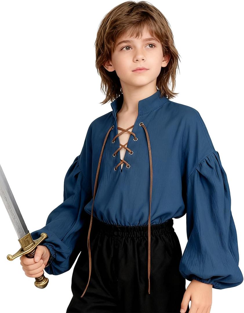 L'VOW Medieval Boys Shirt Renaissance Kids Lace-up Pirate Shirts Retro Viking Colonial Costume Top (6-8 Years)