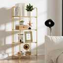 Crofy No Assembly Folding Bookshelf for Living Room, 4 Tier Gold Collapsible Book Shelf for Home Office, Portable Bookcase Storage Organizer