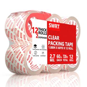 SWRT 2.7Mil Thick Ultra Clear Packing Tape, 12 Rolls Heavy Duty Packaging Tape with 2 Dispensers for Shipping Packaging Moving Mailing, Thicker Sealing Tape-1.88" x 60 Yards Per Roll, 720 Total Yards