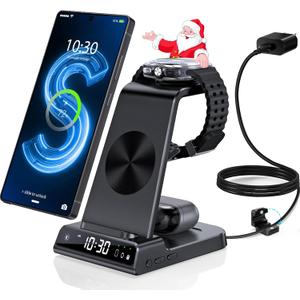 Wireless Charger for Samsung Charging Station with Clock for Samsung Galaxy S25 Ultra/S24 Ultra/Z Flip 7/Z Fold6/Bud, 3 in 1 Android Charging Station, Watch Charger for Samsung Galaxy Watch 8/7/6/5Pro (Black)