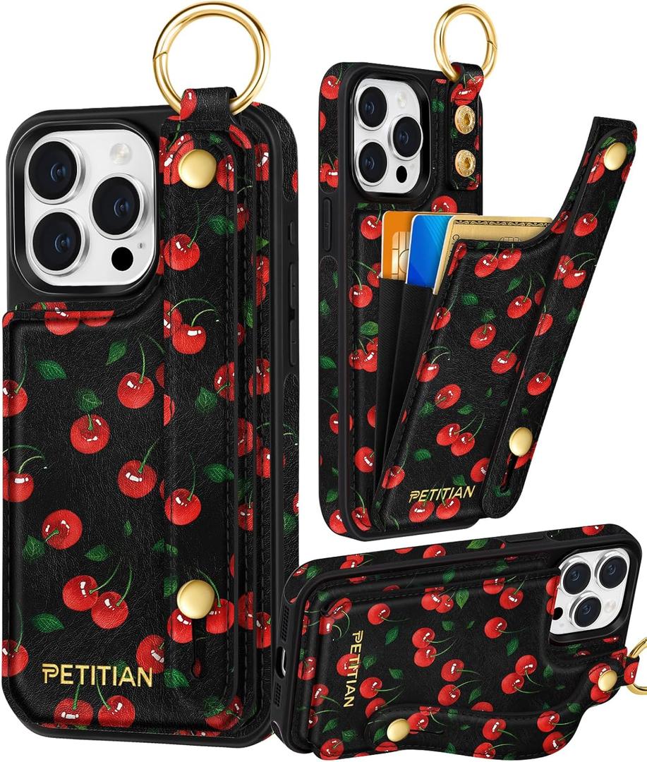 Petitian for iPhone 14 Pro Case with Wallet - Women Girls Cute Girly Aesthetic Unique Design Leather Credit Card Holder Cardholder Stand Wristband for iPhone 14 Pro, Cherry