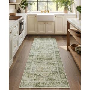 Washable Runner Rug Non Slip: 2'6"x8' Kitchen Rug Runners Stain Resistant Boho Floor Rug with Rubber Backing Non Shedding Soft Carpet Runners for Hallway Indoor Entryway Bedroom Bedside Living Room (Green)