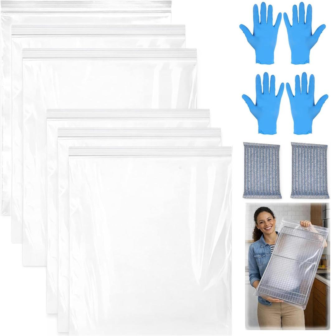 Oven Rack Cleaning Bags Kit, 10-Piece Set, Heavy Duty No Scrub Reusable Leakproof PE Soaking Bags, 2 Sizes (15.7x23.6 in & 19.7x27.6 in), Includes 2 Pairs Gloves & 2 Scrub Pads, Cleaner Not Included