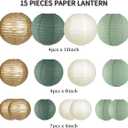 Paper Lanterns Decorative, Round Hanging Paper Lanterns Decorations for Rustic Party Bridal Shower Wedding Sage Green Birthday Party Supplies Gold/Ivory/Sage Green 15pcs
