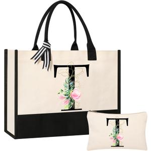 AYGE Personalized Initial Canvas Beach Bag Cosmetic Bags, Tote Bag, Makeup Bag, Gifts for Sister Mom Teacher Bridesmaid