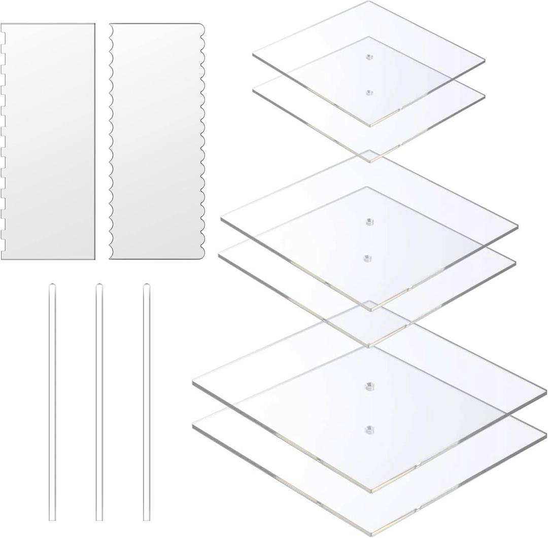 Boyun Acrylic Square Cake Disk Set,Acrylic Cake Discs Set,Comb Scrapers,Dowel Rods,Icing Scraper,Acrylic Scraper Smoother for 3 Tier Cakes (6.25" + 8.25" + 10.25")