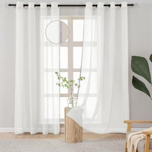 L.Z.E White Linen Sheer Curtains for Living Room, Transparent Grommet Curtains 72 Inches Long 2 Panels Set, Elegant Window Treatments with Design for Dining Room Bedroom (56" W x 72" L)