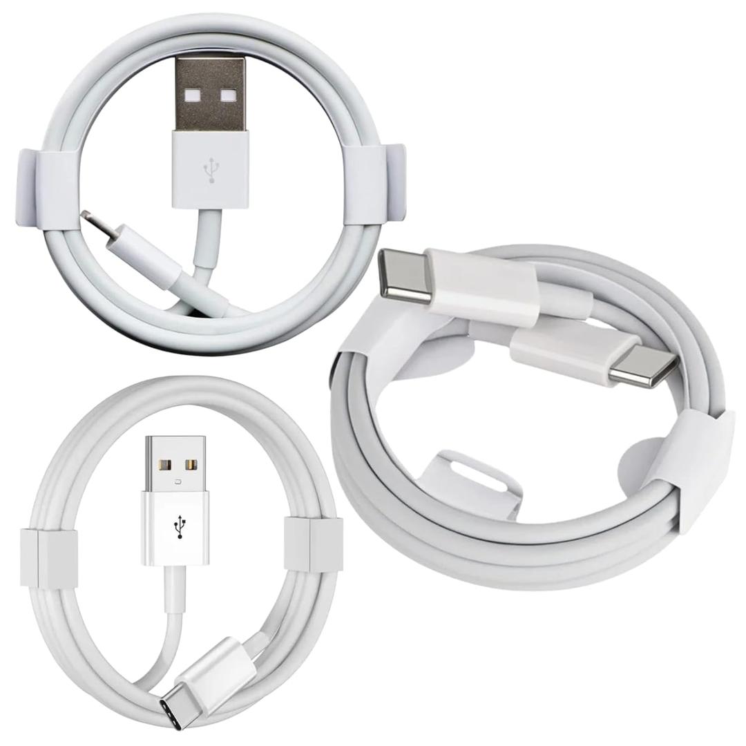 3-in-1 Universal Charging Cable Set | 3.3ft (1 Meter) Fast Charging & Data Sync Cord | Triple Connector Design for All Mobile Devices | Durable Portable White Cables (3-Pack)