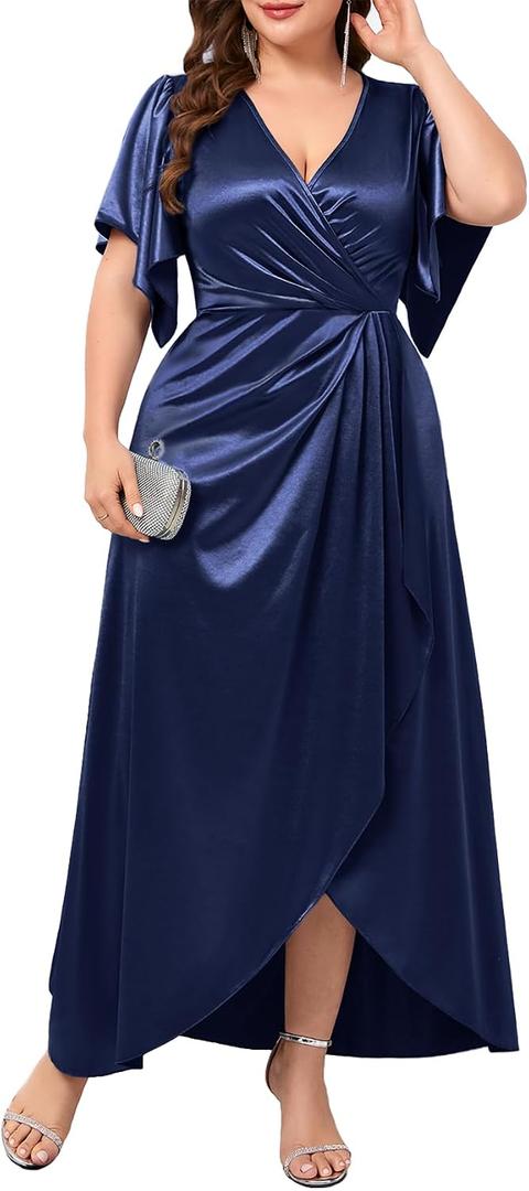 Women's Plus Size Formal Satin Dress V Neck Wrap Ruched Maxi Evening Gown Cocktail Party Wedding Guest Dresses (Blue, XL)