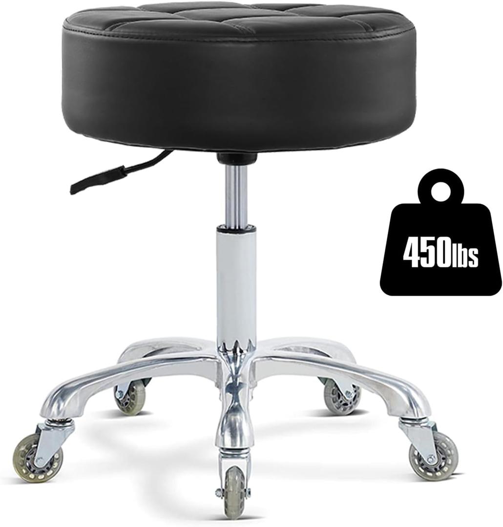 Ainilaily Rolling Stool with Wheels Adjustable Height, Roller Stool for Massage Medical Tattoo Spa Heavy Duty Swivel Desk (Super Thick Cushion, Black)