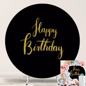 Gold Happy Birthday Black Round Backdrop Cover 7.2ft,Black Background with Gold Happy Birthday Sign for Photography Party Banner Decoration Supplies Circle Backdrop Adult Kids Photo Portrait