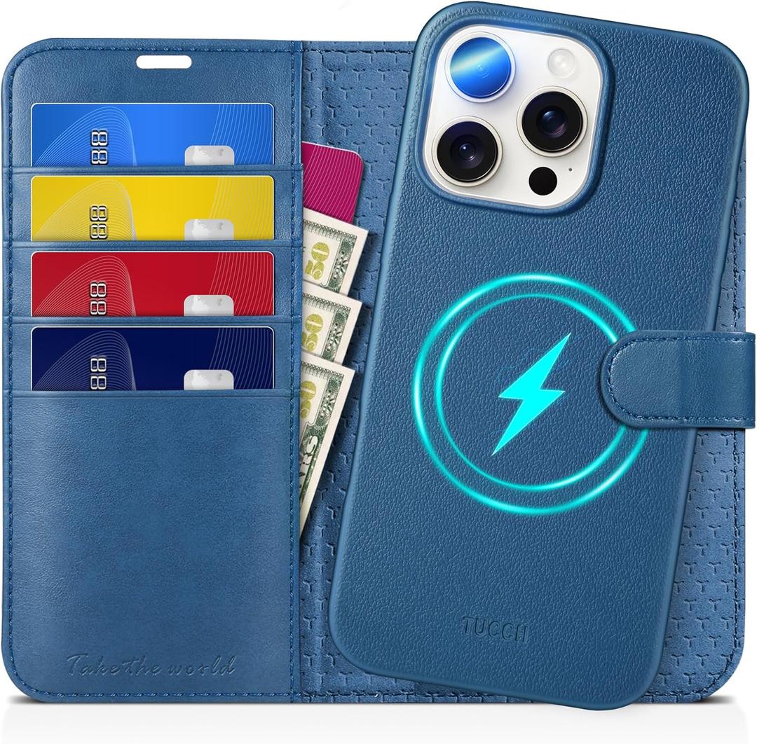TUCCH Case Wallet for iPhone 16 Pro Max, [Detachable] Stand RFID Blocking 4 Card Slot Shockproof Wireless Charging PU Leather Magnetic Removable Cover Compatible with iPhone 16 Pro Max, Light Blue
