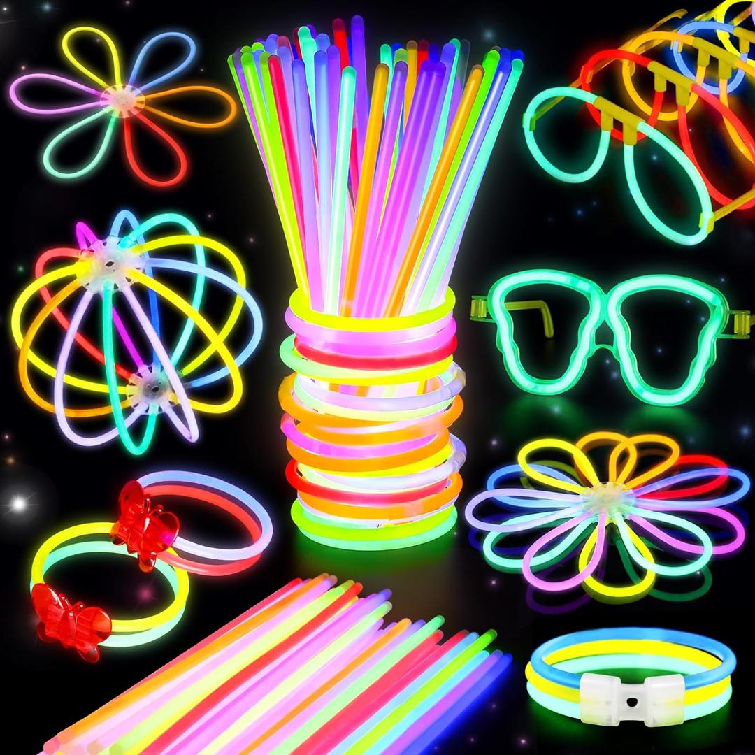 BUDI 467Pcs Glow Sticks Party Favors for Kids Adults 200 GlowSticks Bulk 8 Colors 8 Inch & 267 Connectors for Glow in the dark Necklace Bracelets Glasses Party Supplies Neon 4th of July Accessories