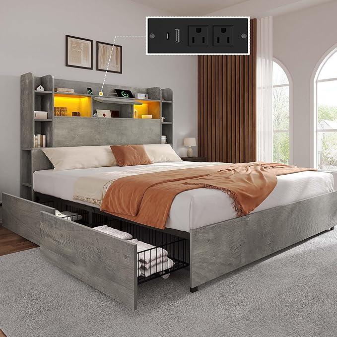 DWVO Queen Size Bed Frame with Bookcase Headboard and 4 Storage Drawers, RGB LED Bed Frame with Type-C & USB Charging Station Storage Headboard Bed, No Box Spring Needed, Noise Free