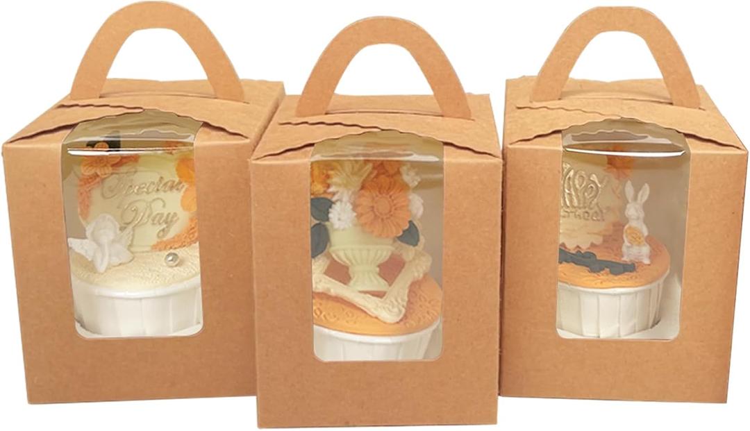 Bakepacker Auto-pop up Individual Cupcake Boxes with Window 25 Count Brown Single Cupcakes Box 3.7 x 3.7 x 4.3inch Cupcake Carrier