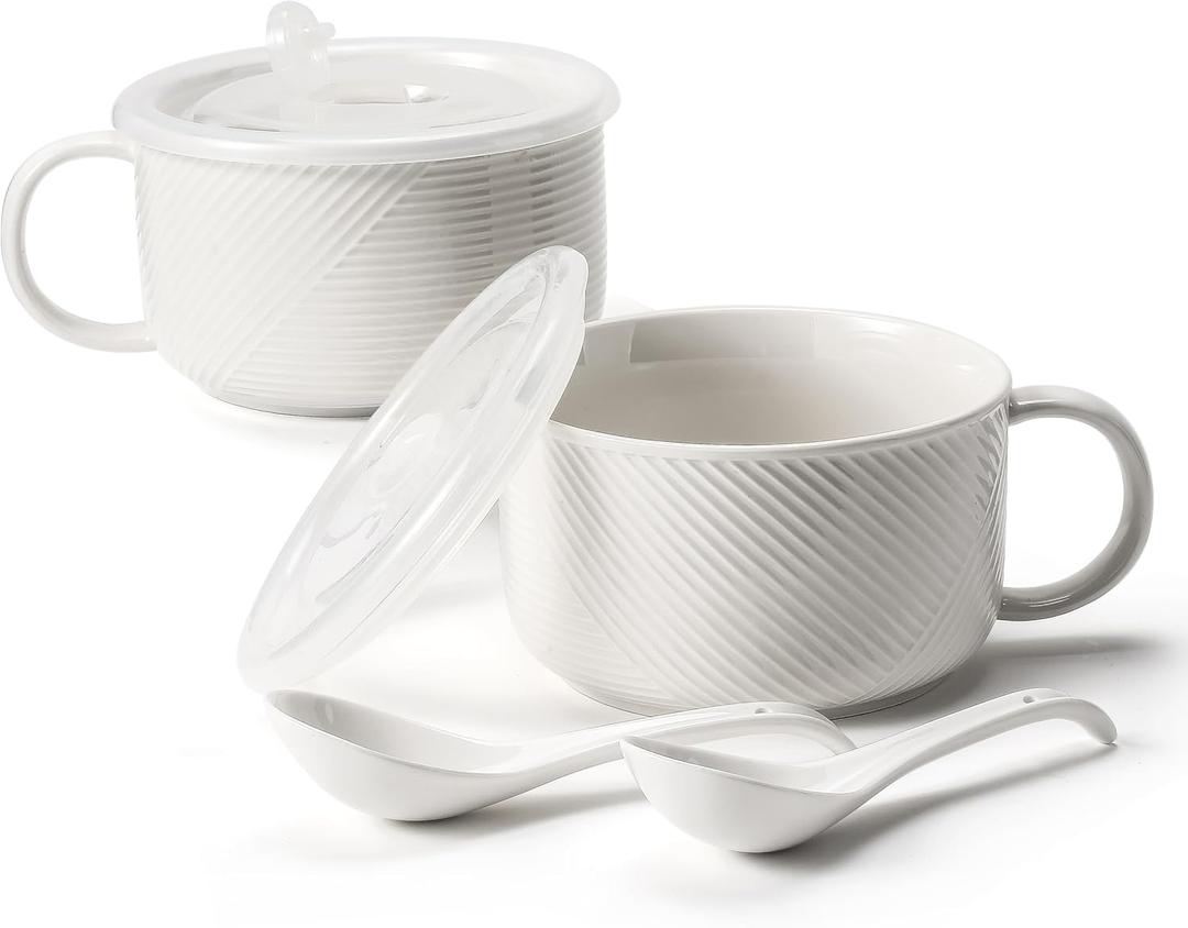 Ceramic Soup Bowls with Lids: 38 Ounce Extra Large Soup Mug with Handle & Spoon - Oversized Microwave Ramen Bowl Set of 2, 6 Inch, White