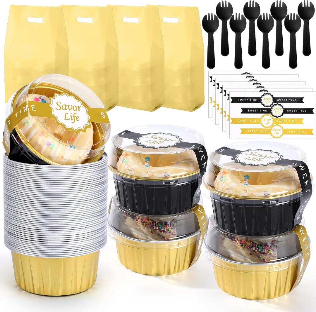 424pcs Black Gold Mini Cake Pans Set with Lids and Spoons Include 5oz Disposable Aluminum Foil Baking Pans, Lids, Spoons, Sealing Stickers and Gift Bags for Cupcake, Pudding, Muffin