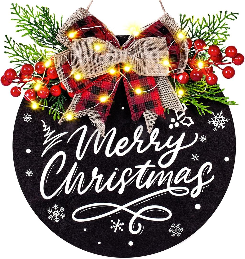 Christmas Door Sign, Christmas Wreaths for Front Door, Farmhouse Winter Holiday Wooden Hanging Sign for Indoor Outdoor Porch Wall Window Home Decor