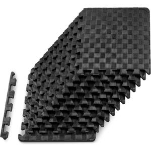 ProsourceFit Exercise Puzzle Mat 1-in, Checkered EVA Foam Floor Tiles w/ Non-Slip Texture, Gym Mat w/ Interlocking Foam Tiles for Adjustable Surface, Shock Absorbing, Waterproof Gym Flooring, Black (Black - 1/2 Inch - 12 Tiles - 12 Sq Ft)
