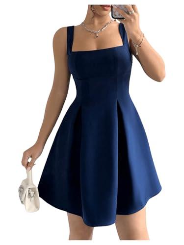 SOLY HUX Women's Summer Dresses Square Neck Sleeveless A Line Mini Dress Party Cocktail Short Dress Dark Blue Large