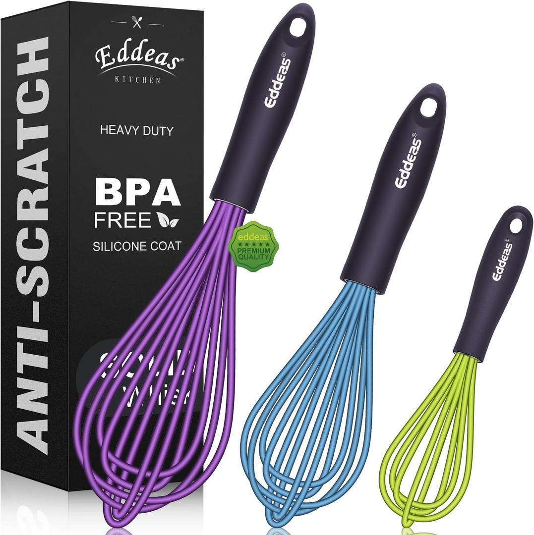 Silicone Whisk, Eddeas Non Scratch Coated Whisks for Cooking Baking Balloon wisk, Kitchen Whisk Set of 3 Size 7.5"+ 9" +11" (7.5+9+11 inch, 3Pcs Colorful Silicone Whisks)