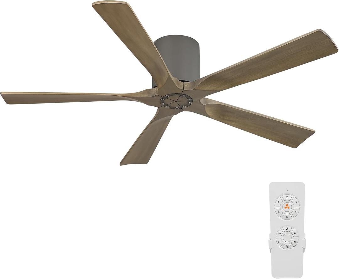 ELEHINSER 52 Inch Flush Mount Ceiling Fan without Light, Low Profile Modern Ceiling Fan with Remote, Quiet DC Motor, 6-Speed, Timer, 5 Solid Wood Blades, Charcoal Grey