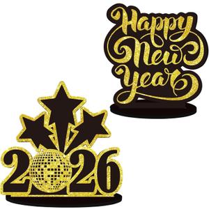 2026 Happy New Year Table Sign Table Decor Wooden New Year Signboard Block Sign Black Gold Party Decorations Eve Party Supplies for 2026 Party Decorations Celebration (Glitter gold-1)