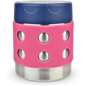 LunchBots Thermal 8 oz Triple Insulated Jar- Hot 6 Hours or Cold 12 Hours - Leak Proof Insulated Soup Jar - All Stainless Interior - Navy Lid - Pink Dots