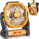 Portable Battery Operated Fan with LED Lantern, 20000mAh Outdoor Small Rechargeable Quiet Camping Fan, Personal Desk Fan Cooling Table Fan with Hanging Hook for Picnic Barbecue Fishing Travel (Orange)